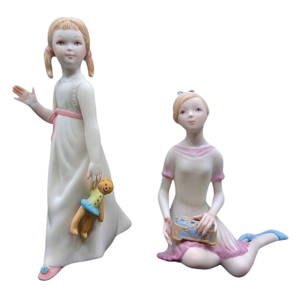 Complementing Pair CYBIS Porcelain Figurines Young Girls Pink Ribbons Signed
